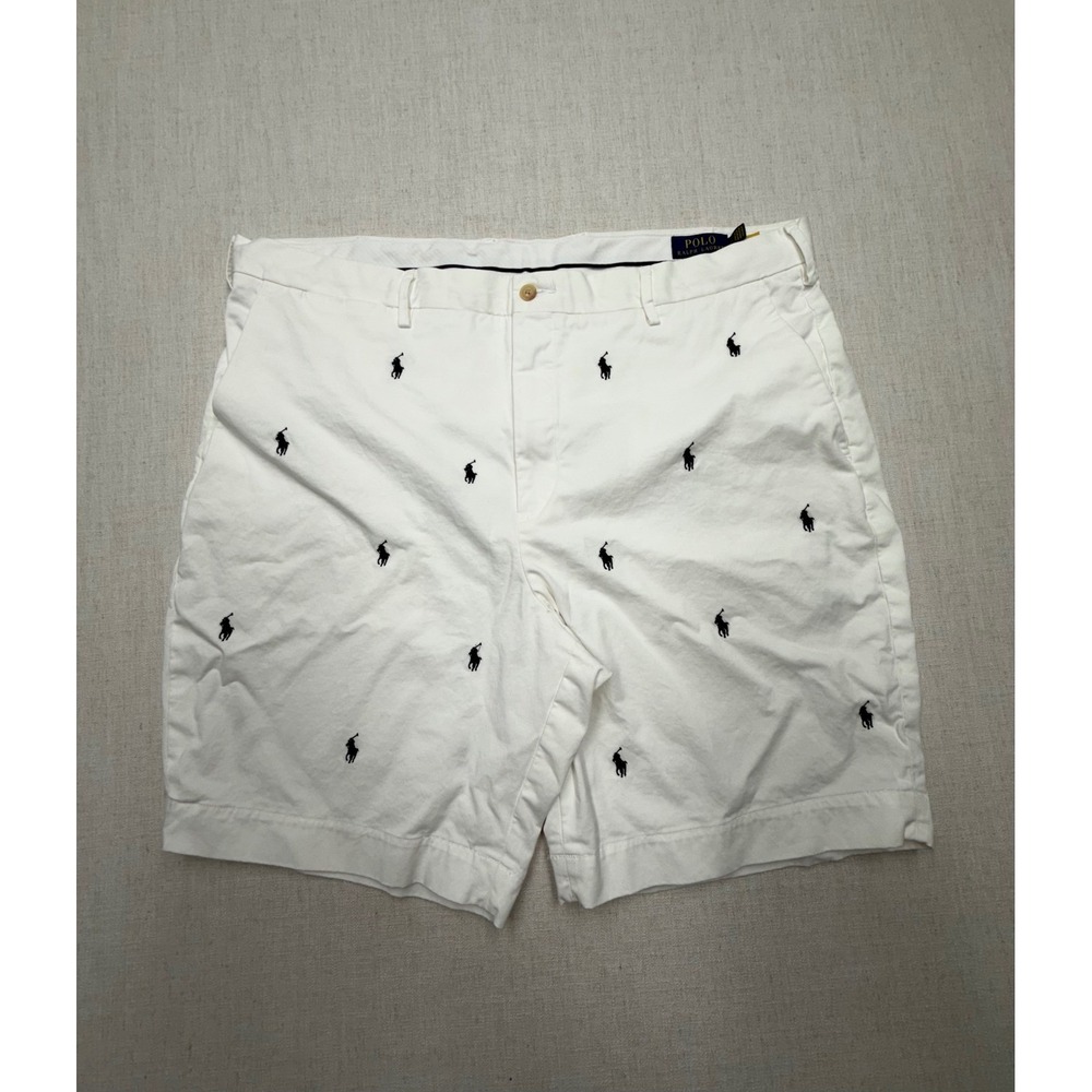 Polo Ralph Lauren Mens White Navy Pony All Over Embroidered Chino Shorts 40